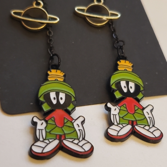 Handmade Marvin the Martian Planet Chain Dangle Earrings - Picture 2 of 3